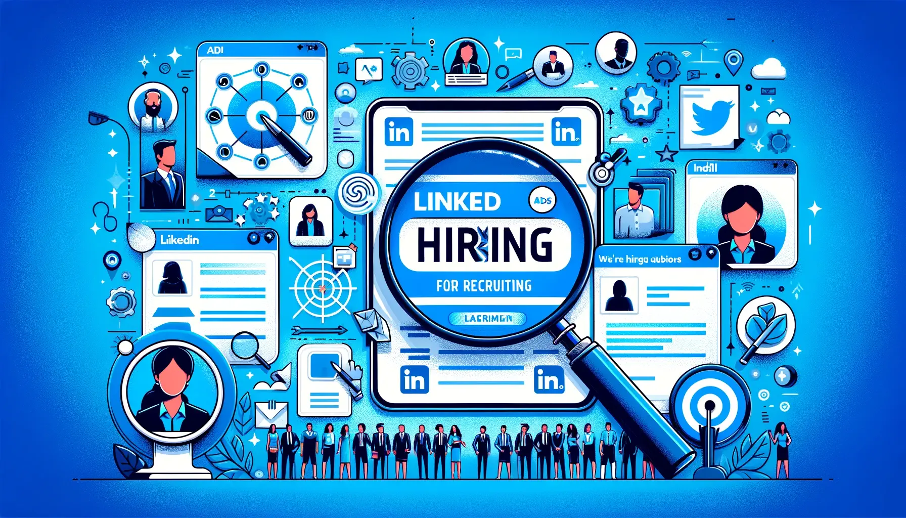 The design depicts the concept of using LinkedIn ads to attract top talent and fill job positions, featuring elements such as a magnifying glass over a pool of candidates, a 'We're Hiring' sign, and examples of LinkedIn ads for recruiting.